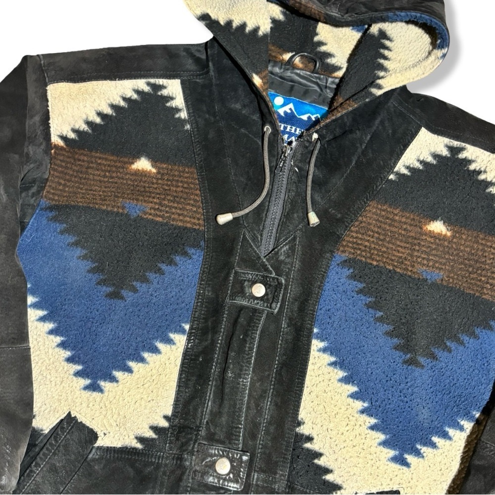 Black and Blue Aztec Patterned Men's Hooded Jacket - Picture 3 of 6